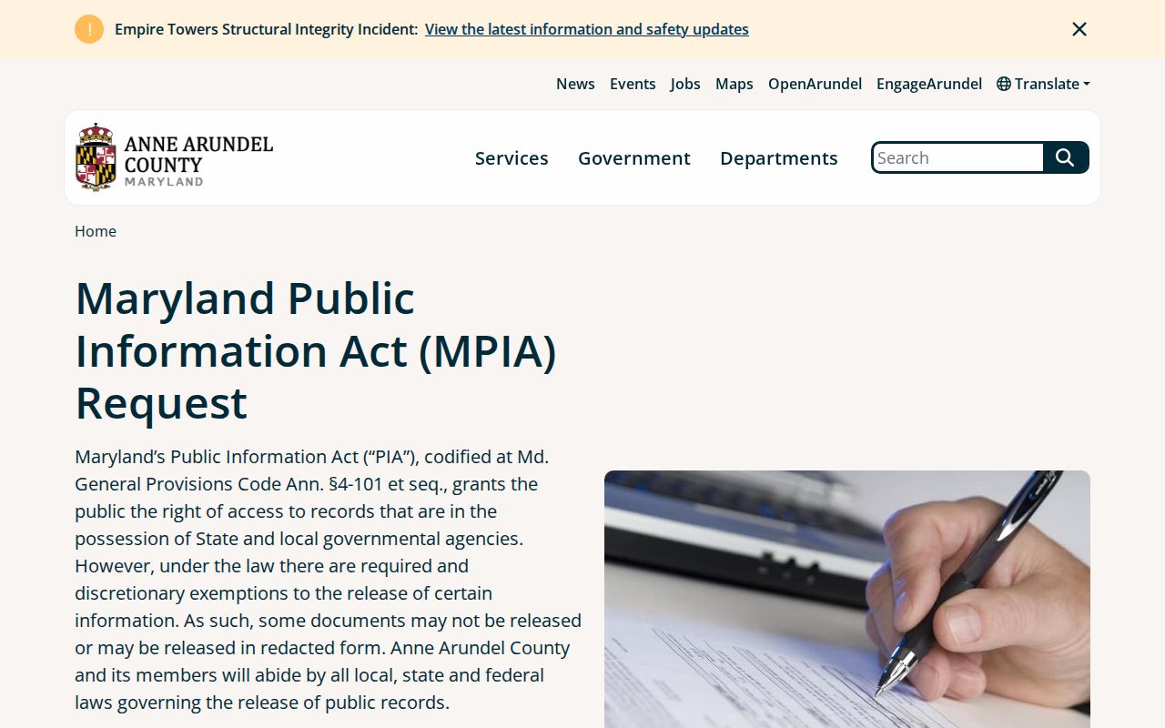 Odenton public records Anne Arundel MPIA request portal