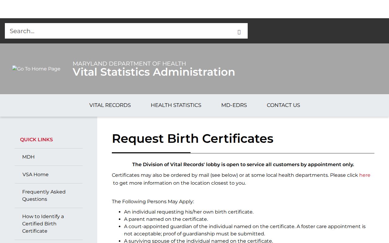 Odenton public records Maryland birth certificate application page
