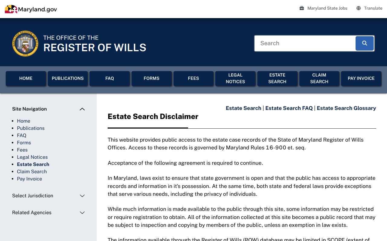 Odenton public records Maryland estate search screen